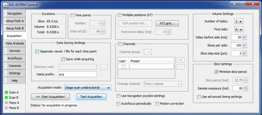  diSPIM plugin Acquisition tab